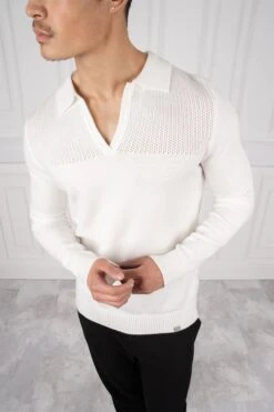 Slim Fit Long Sleeve Knitted Polo - Off White(New Summer Slim Fit Long Sleeve Knitted Polo Off White)