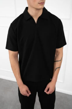Waffle Boxy Open Neck Polo - Black(Mte14 2448 Nv Copy)