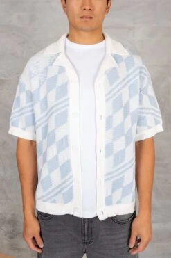 Boxy Checked Knitted Shirt - Pale Blue/White(Boxy Checked Knitted Shirt Pale Blue White)