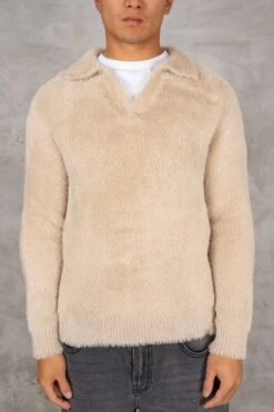 Open Neck Mohair Polo Pullover - Taupe(New Open Neck Mohair Polo Pullover Taupe)