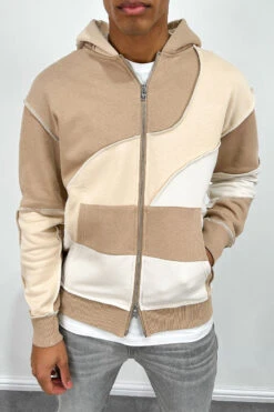 Cut And Sew Panel Double Zip Hoodie - Stone(Heartless Puff Print Hoodie Black Copy)