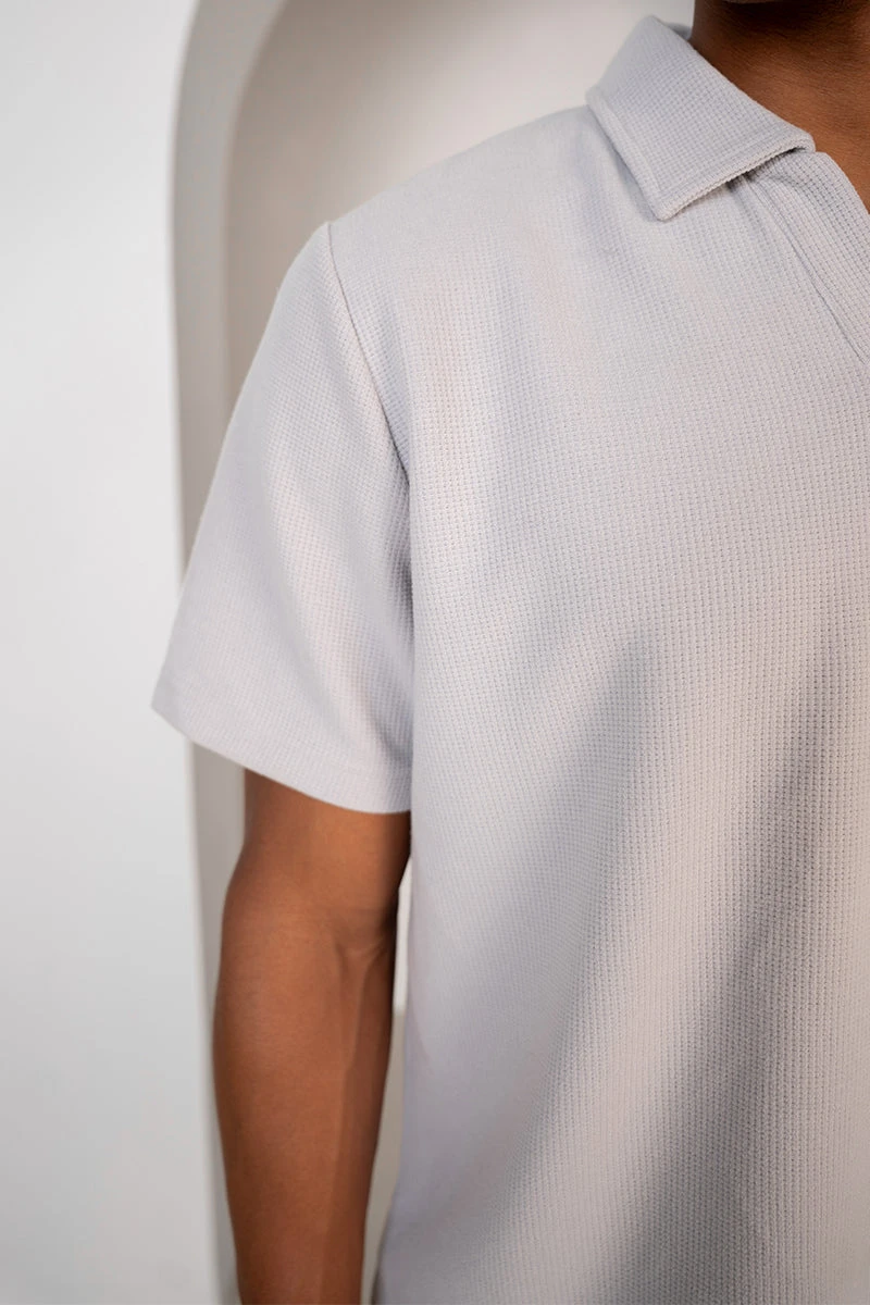 Waffle Boxy Open Neck Polo - Grey(Waffle Boxy Open Neck Polo Grey) 8 Waffle Boxy Open Neck Polo - Grey(Waffle Boxy Open Neck Polo Grey) - Image 8
