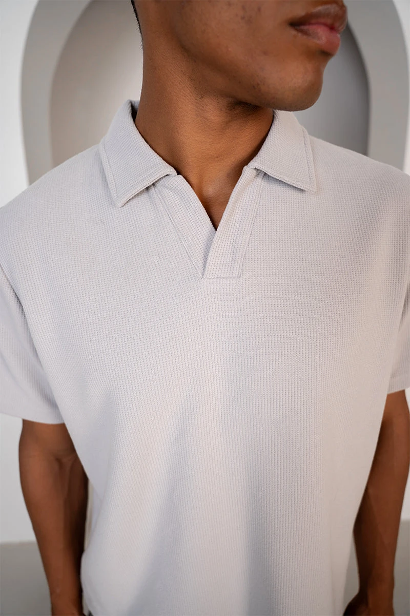 Waffle Boxy Open Neck Polo - Grey(Waffle Boxy Open Neck Polo Grey) 7 Waffle Boxy Open Neck Polo - Grey(Waffle Boxy Open Neck Polo Grey) - Image 7