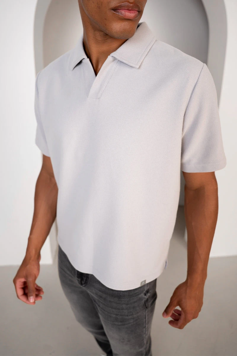 Waffle Boxy Open Neck Polo - Grey(Waffle Boxy Open Neck Polo Grey) 2 Waffle Boxy Open Neck Polo - Grey(Waffle Boxy Open Neck Polo Grey) - Image 2