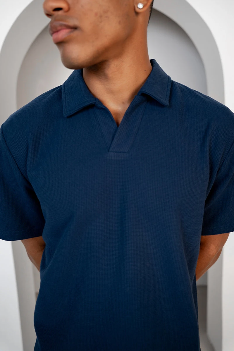 Waffle Boxy Open Neck Polo - Navy(Waffle Boxy Open Neck Polo Navy) 3 Waffle Boxy Open Neck Polo - Navy(Waffle Boxy Open Neck Polo Navy) - Image 3