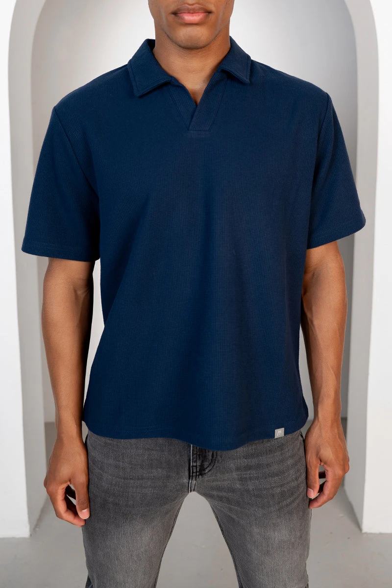 Waffle Boxy Open Neck Polo - Navy(Waffle Boxy Open Neck Polo Navy) 2 Waffle Boxy Open Neck Polo - Navy(Waffle Boxy Open Neck Polo Navy) - Image 2