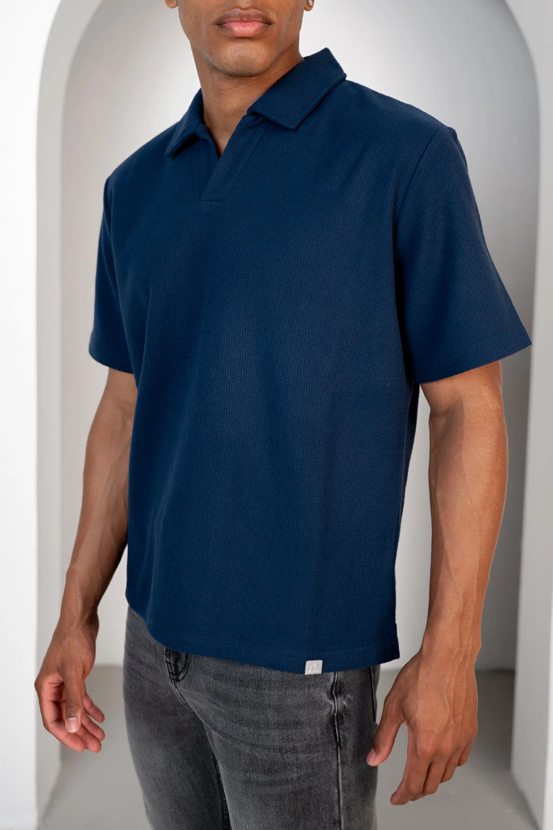 Waffle Boxy Open Neck Polo - Navy(Waffle Boxy Open Neck Polo Navy) 4 Waffle Boxy Open Neck Polo - Navy(Waffle Boxy Open Neck Polo Navy) - Image 4