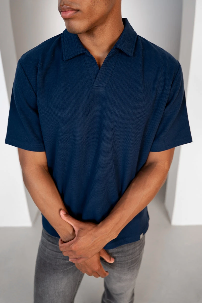 Waffle Boxy Open Neck Polo - Navy(Waffle Boxy Open Neck Polo Navy) 1 Waffle Boxy Open Neck Polo - Navy(Waffle Boxy Open Neck Polo Navy)