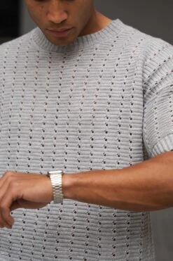 Boxy Hole Knit T-Shirt - Grey(Mst14 2427 Ch Copy) -Jk Attire RAH06412