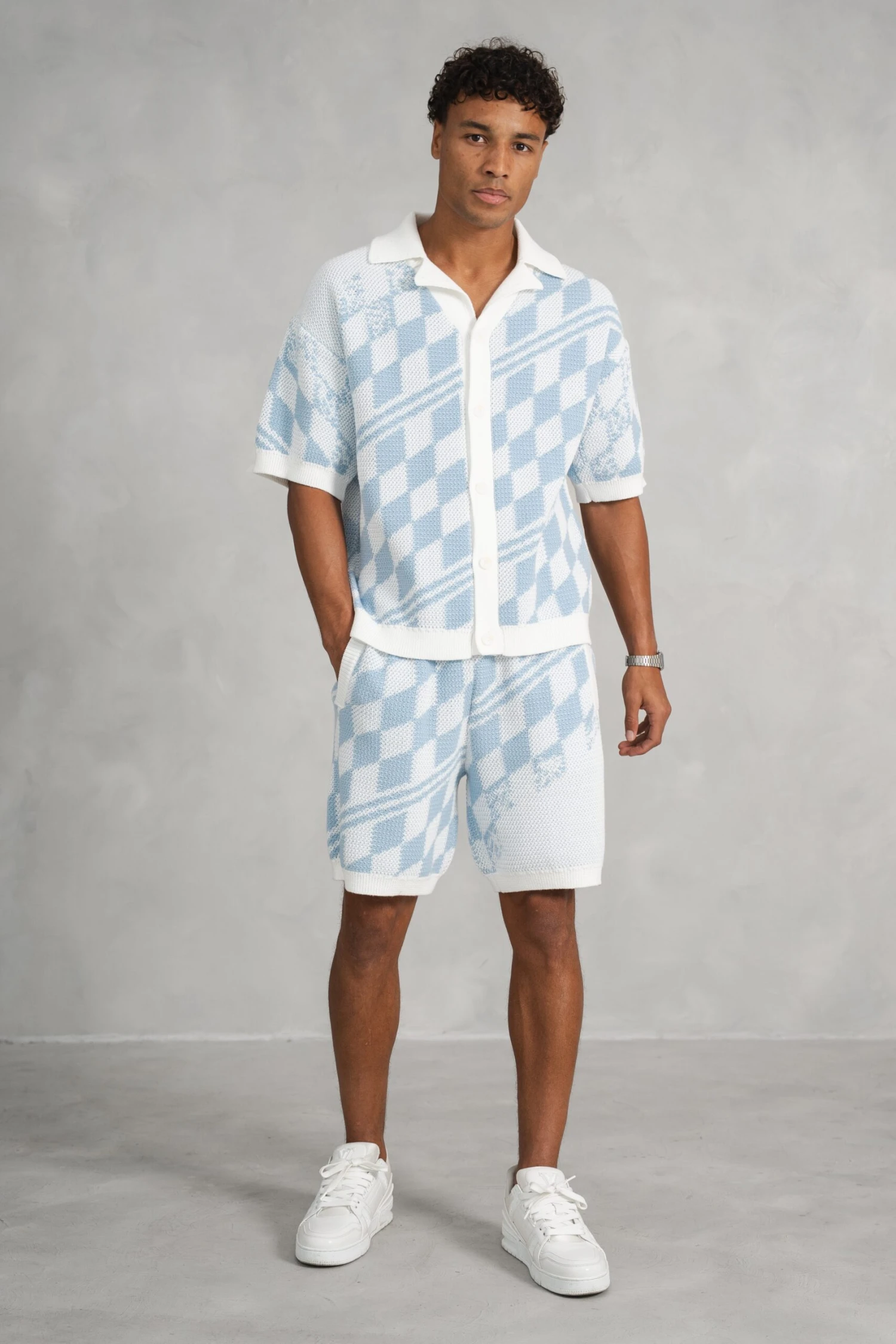 Boxy Checked Knitted Shirt - Pale Blue/White(Mst14 2423 Pb) 6 Boxy Checked Knitted Shirt - Pale Blue/White(Mst14 2423 Pb) - Image 6