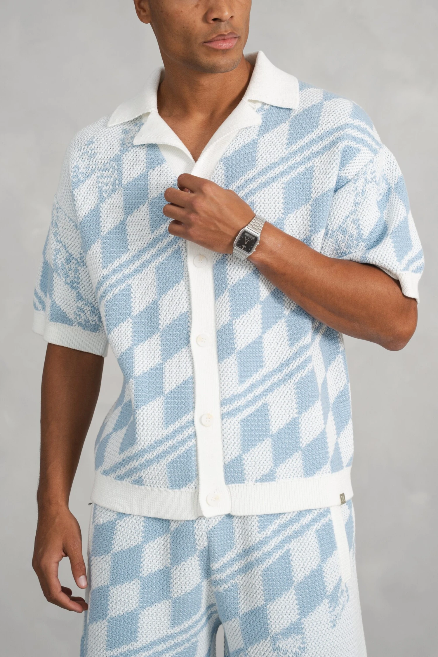 Boxy Checked Knitted Shirt - Pale Blue/White(Mst14 2423 Pb) 2 Boxy Checked Knitted Shirt - Pale Blue/White(Mst14 2423 Pb) - Image 2