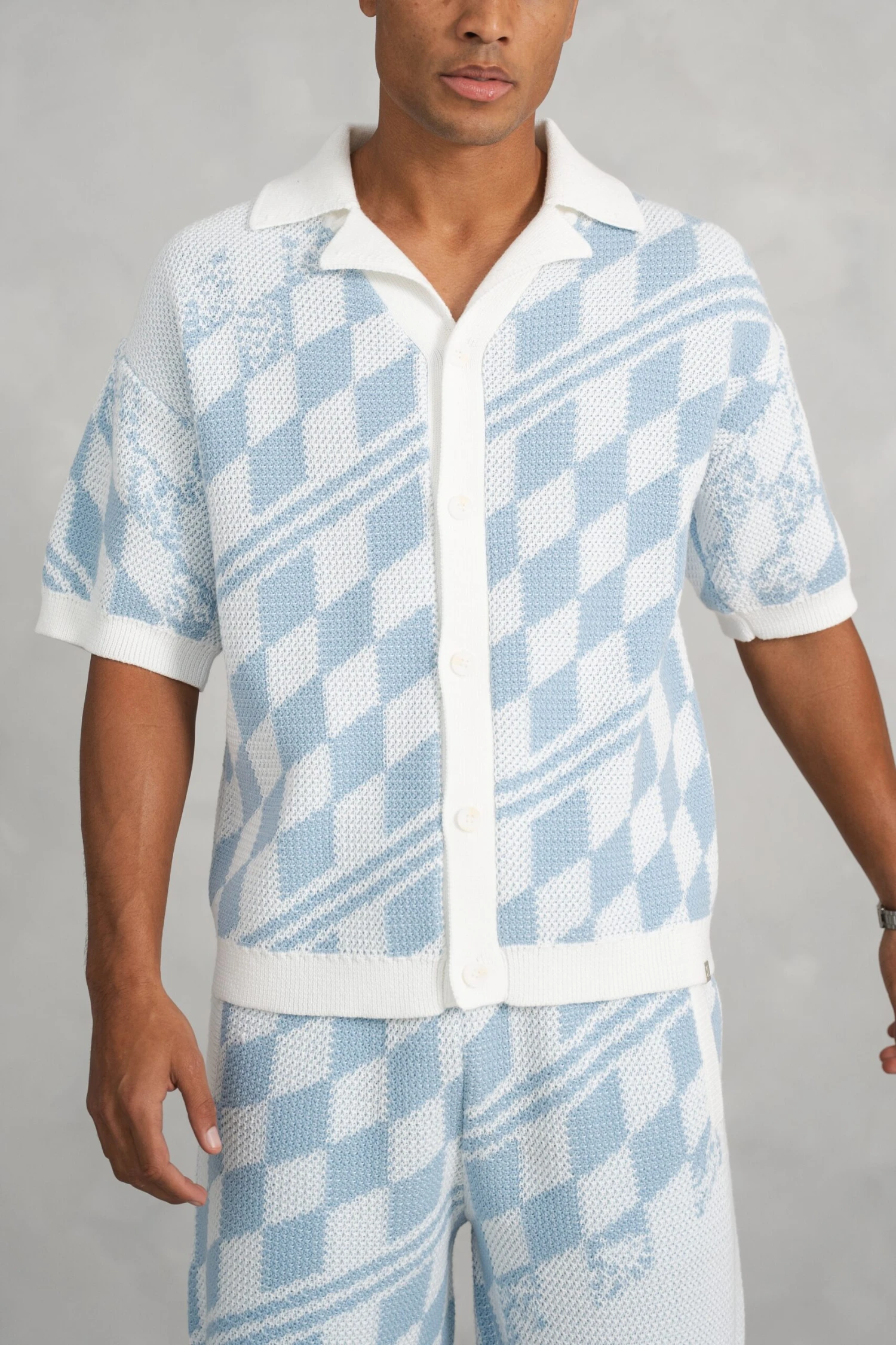 Boxy Checked Knitted Shirt - Pale Blue/White(Mst14 2423 Pb) 1 Boxy Checked Knitted Shirt - Pale Blue/White(Mst14 2423 Pb)