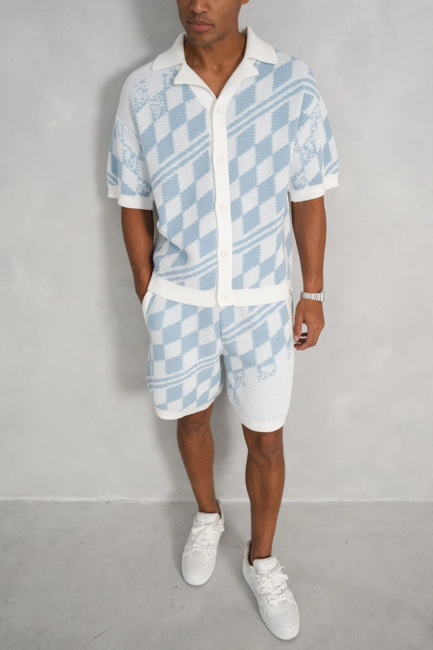 Boxy Checked Knitted Shirt - Pale Blue/White(Mst14 2423 Pb) 4 Boxy Checked Knitted Shirt - Pale Blue/White(Mst14 2423 Pb) - Image 4