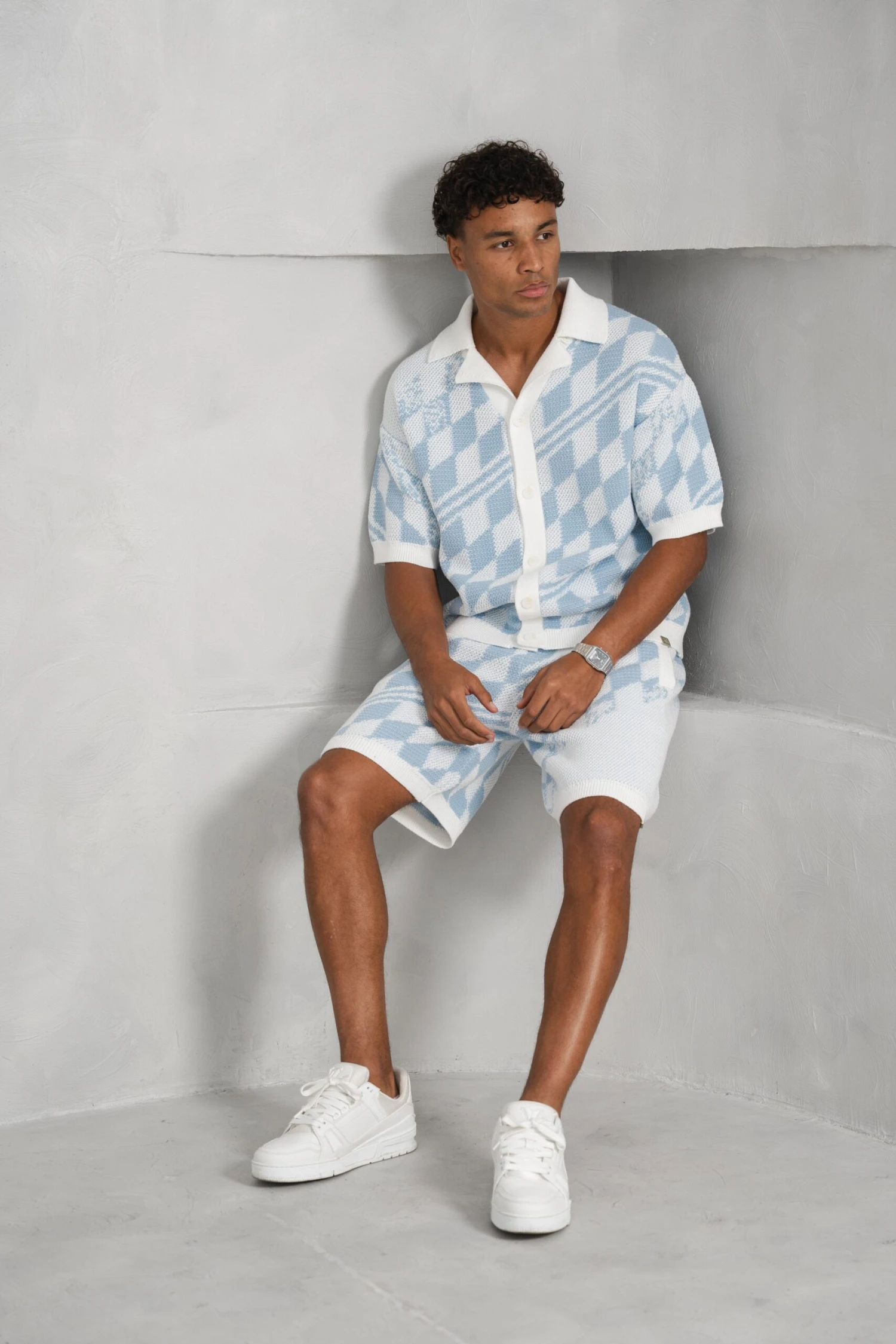 Boxy Checked Knitted Shirt - Pale Blue/White(Mst14 2423 Pb) 5 Boxy Checked Knitted Shirt - Pale Blue/White(Mst14 2423 Pb) - Image 5