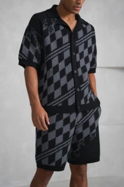 Boxy Checked Knitted Shirt - Black/Charcoal(Mst14 2423 Bk) -Jk Attire RAH06875