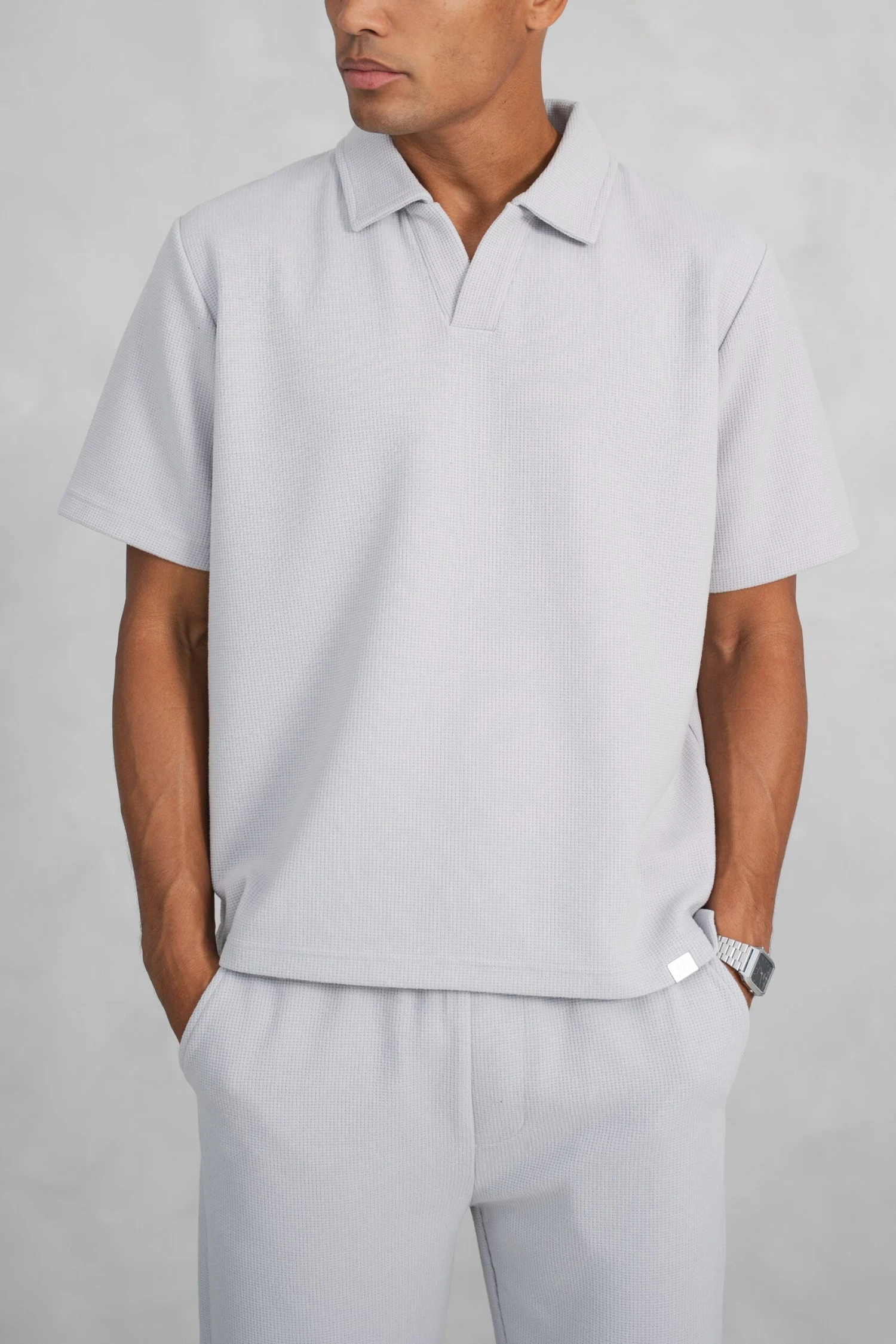 Waffle Boxy Open Neck Polo - Grey(Mte14 2448 Lg) 1 Waffle Boxy Open Neck Polo - Grey(Mte14 2448 Lg)