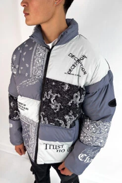 J811 Graffiti Print Puffer Jacket - Grey/White(J811 Graffiti Print Puffer Jacket Grey White)